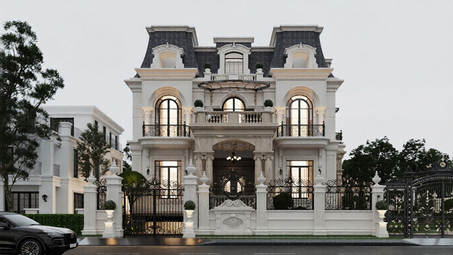 Thiết kế biệt thự 3 tầng có thang máy phong cách tân cổ điển