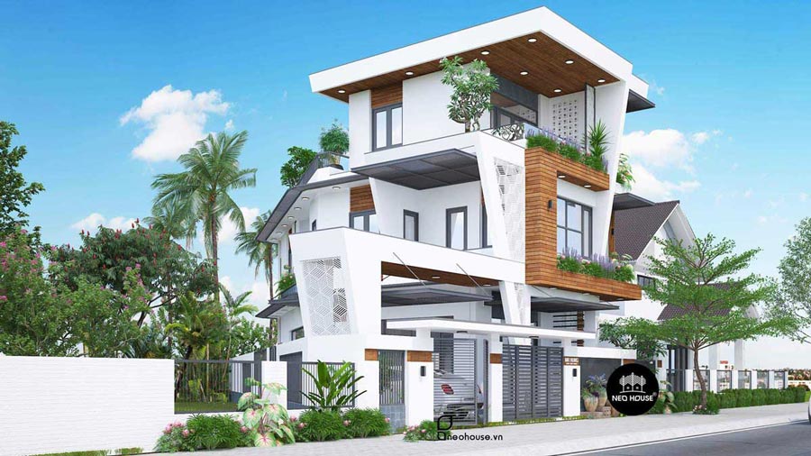 Mẫu biệt thự mái bằng 3 tầng có gara