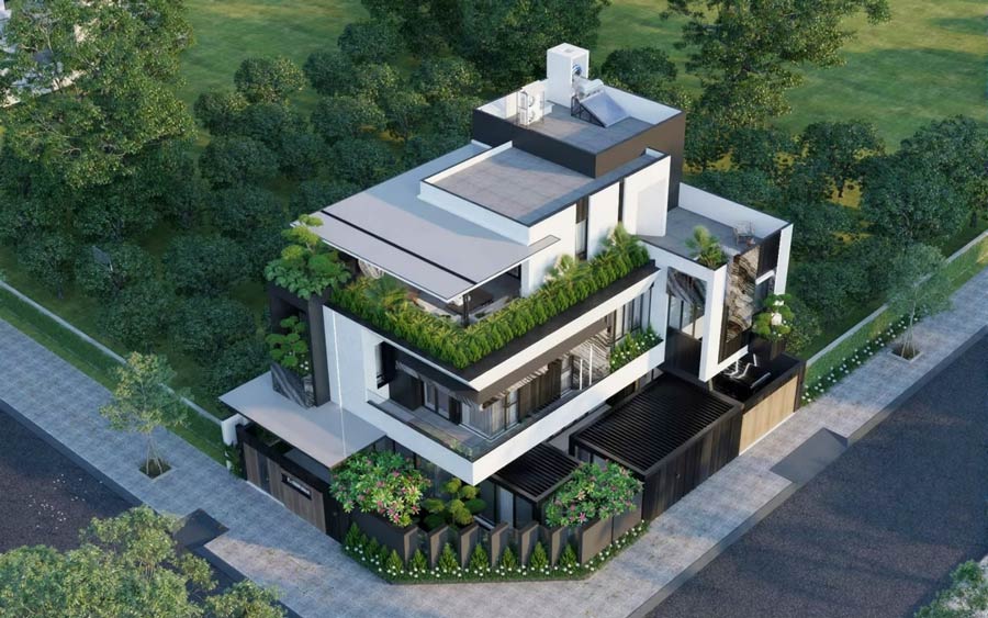 Biệt thự 3 tầng mái bằng có sân thượng