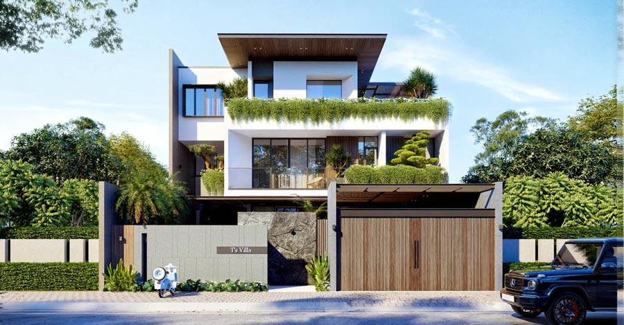 Thiết kế biệt thự 3 tầng mái bằng phong cách Tropical