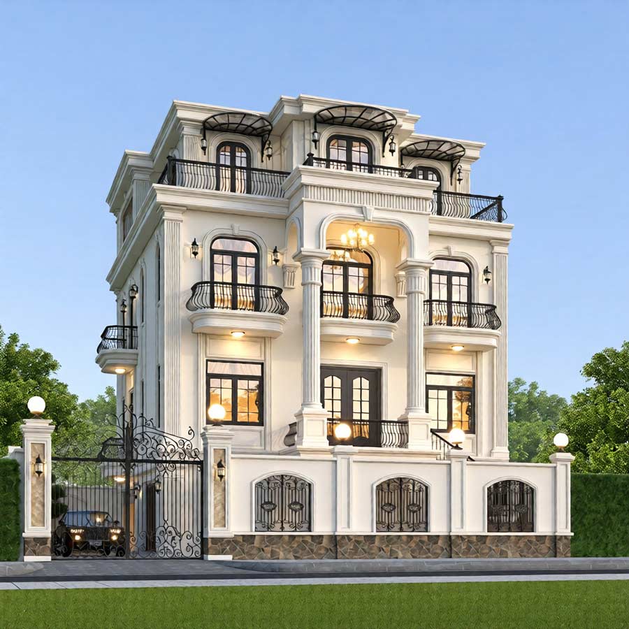 Mẫu biệt thự 3 tầng mái bằng tân cổ điển