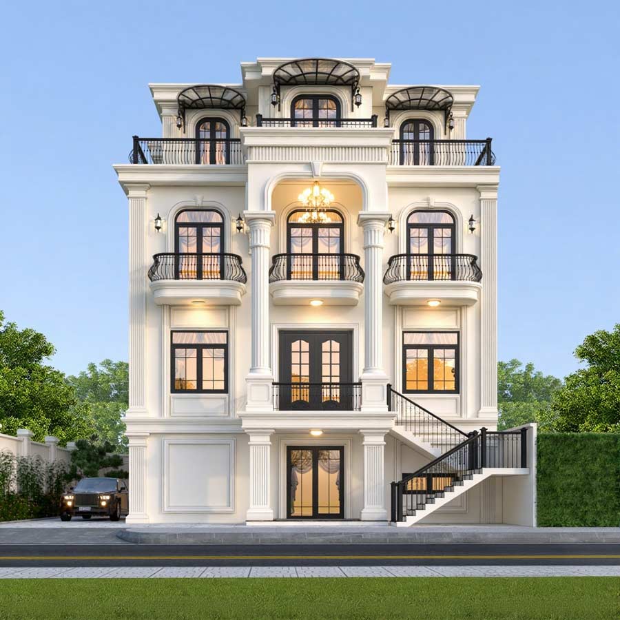 Mẫu biệt thự 3 tầng mái bằng tân cổ điển