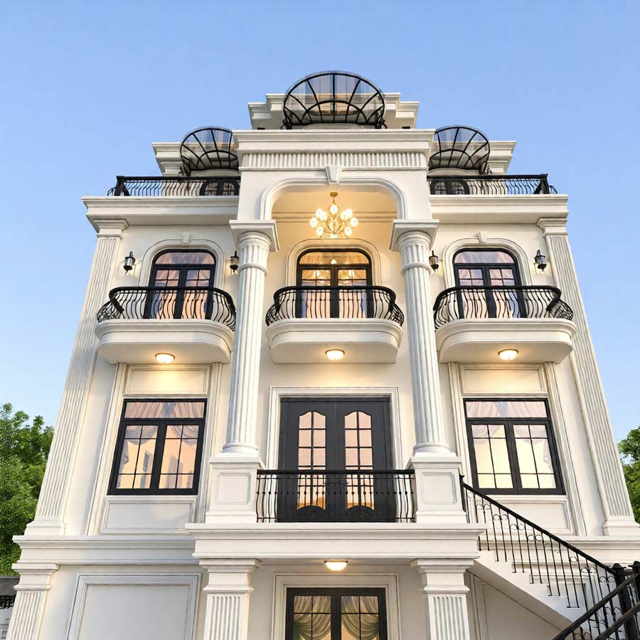 Mẫu biệt thự 3 tầng mái bằng tân cổ điển