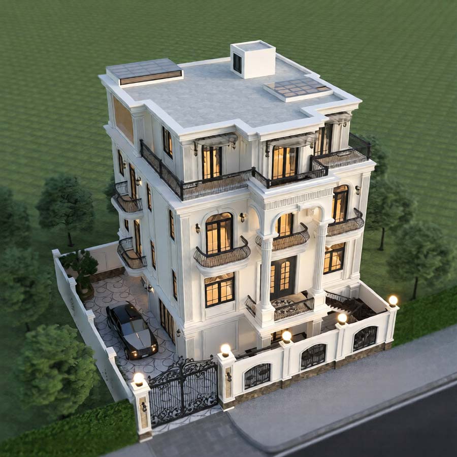 Mẫu biệt thự 3 tầng mái bằng tân cổ điển