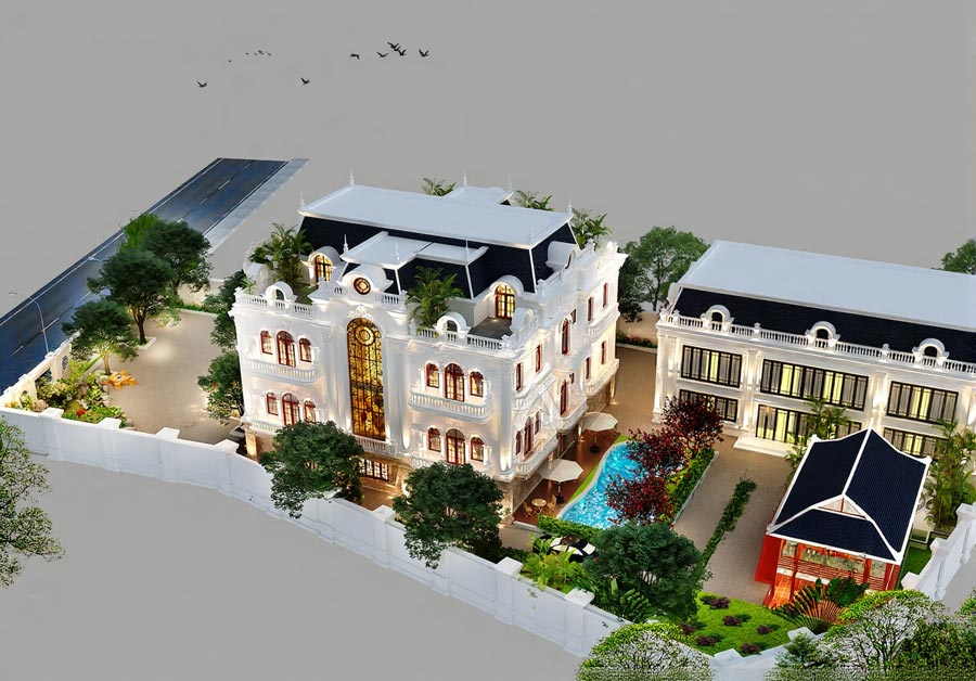 Thiết kế biệt thự lâu đài 2 tầng có hồ bơi