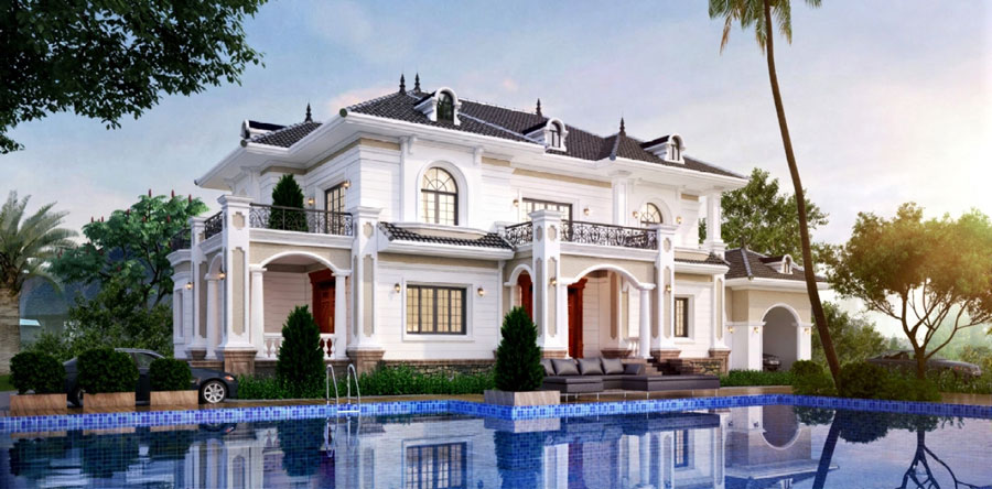 Thiết kế biệt thự lâu đài 2 tầng có hồ bơi