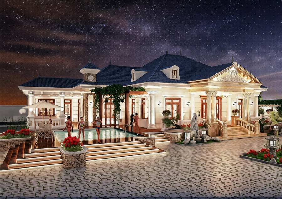 Thiết kế biệt thự mini tân cổ điển có sân vườn