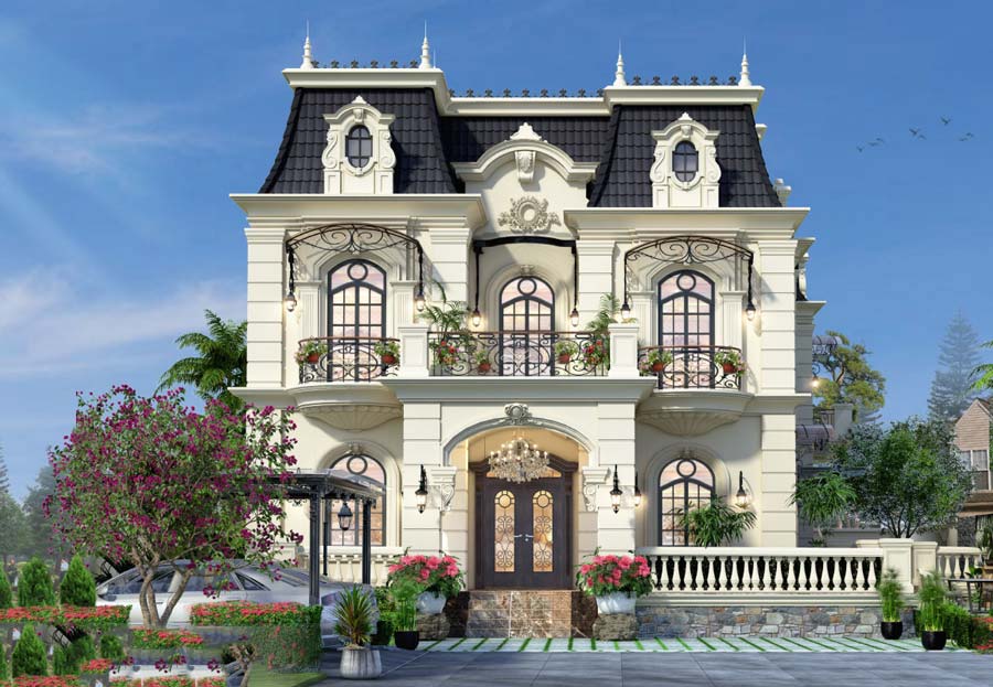 Mẫu biệt thự nhà vườn châu Âu kiểu mái Mansard