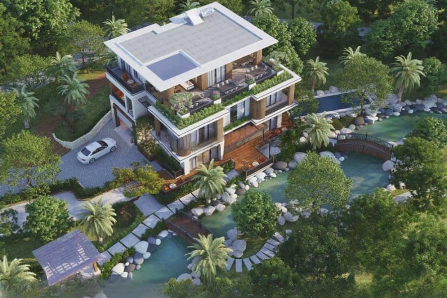 Mẫu biệt thự sân vườn 3 tầng có ao cá sang trọng