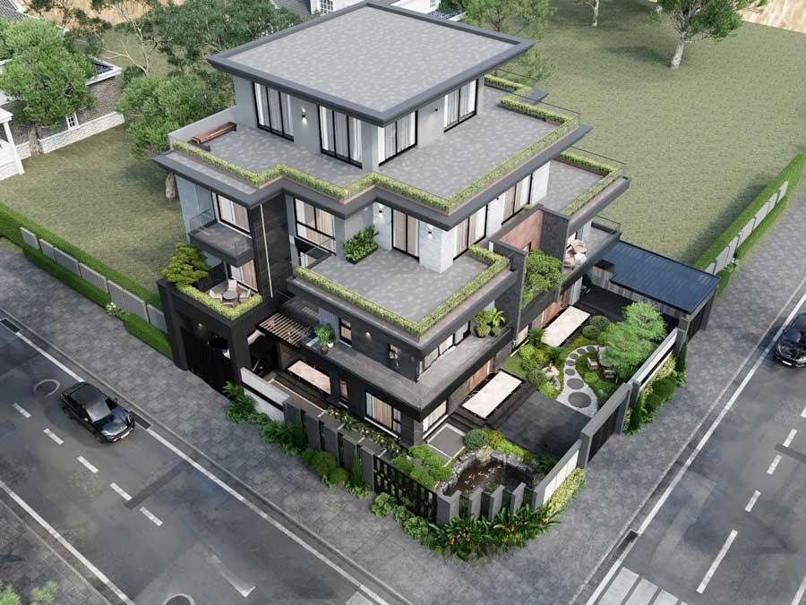 Thiết kế biệt thự sân vườn 4 tầng có ao cá Koi