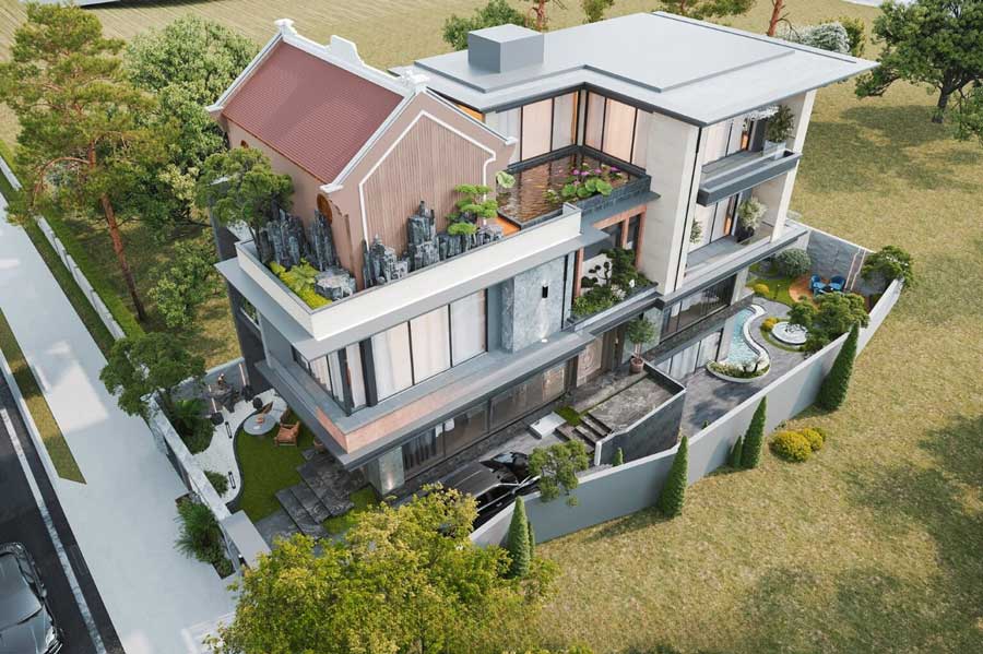 Thiết kế biệt thự sân vườn 4 tầng có ao cá Koi