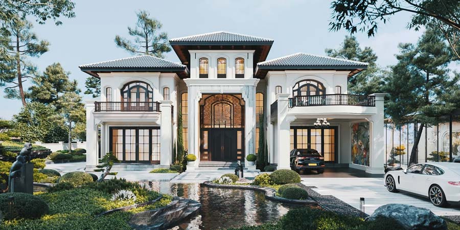 Biệt thự sân vườn phong cách hiện đại có ao cá