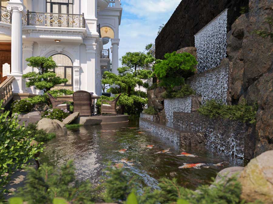 Biệt thự sân vườn phong cách hiện đại có ao cá