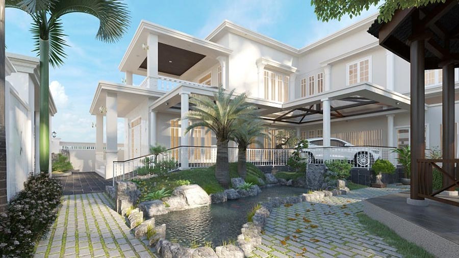 Biệt thự sân vườn mái bằng có hồ cá mái bằng