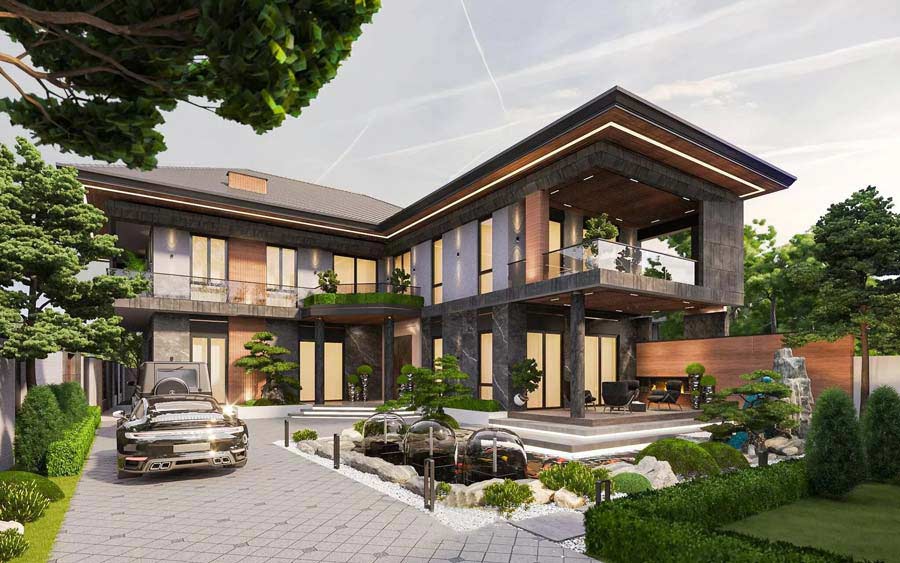 Nhà biệt thự sân vườn mái Nhật kết hợp hồ cá