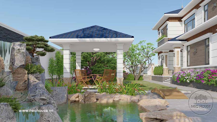 Nhà biệt thự sân vườn mái Nhật kết hợp hồ cá