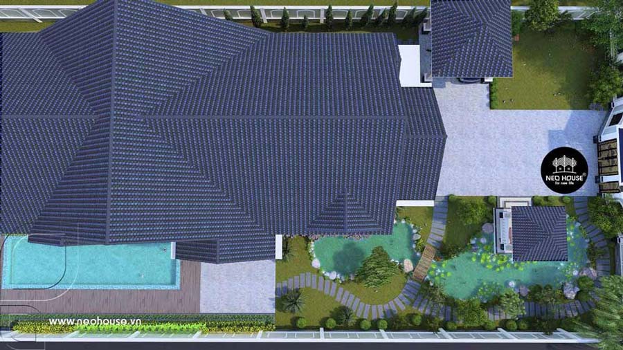 Biệt thự nhà vườn mái Thái có ao cá trước nhà