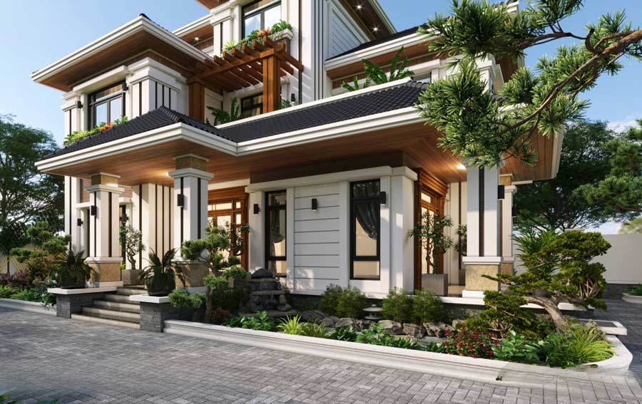 Biệt thự nhà vườn mái Thái có ao cá trước nhà