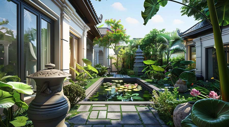Biệt thự nhà vườn kiểu Nhật có hồ cá, tiểu cảnh và sân đá