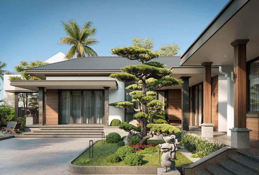 Biệt thự nhà vườn kiểu Nhật có hồ cá, tiểu cảnh và sân đá