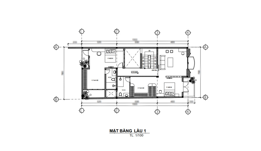 Mặt bằng lầu 1 biệt thự 3 tầng 7x16m tân cổ điển