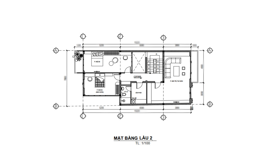 Mặt bằng lầu 2 biệt thự 3 tầng 7x16m tân cổ điển