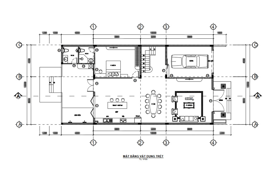 Mặt bằng tầng trệt biệt thự 3 tầng kiểu Pháp 10x19m