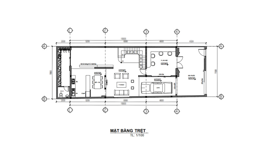 Mặt bằng tầng trệt biệt thự 3 tầng 7x16m tân cổ điển