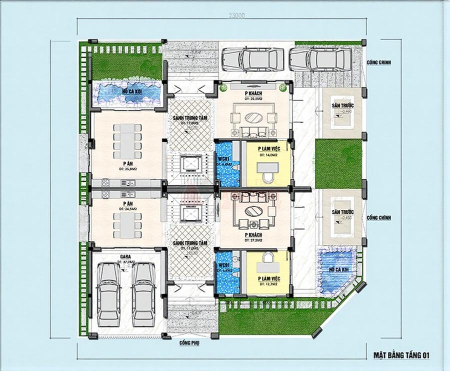 Mặt bằng biệt thự song lập 3 tầng