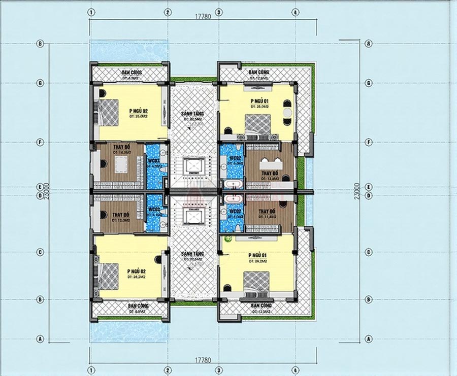 Mặt bằng biệt thự song lập 3 tầng