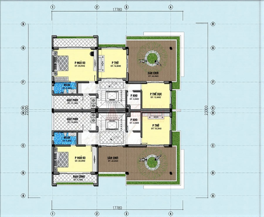 Mặt bằng biệt thự song lập 3 tầng
