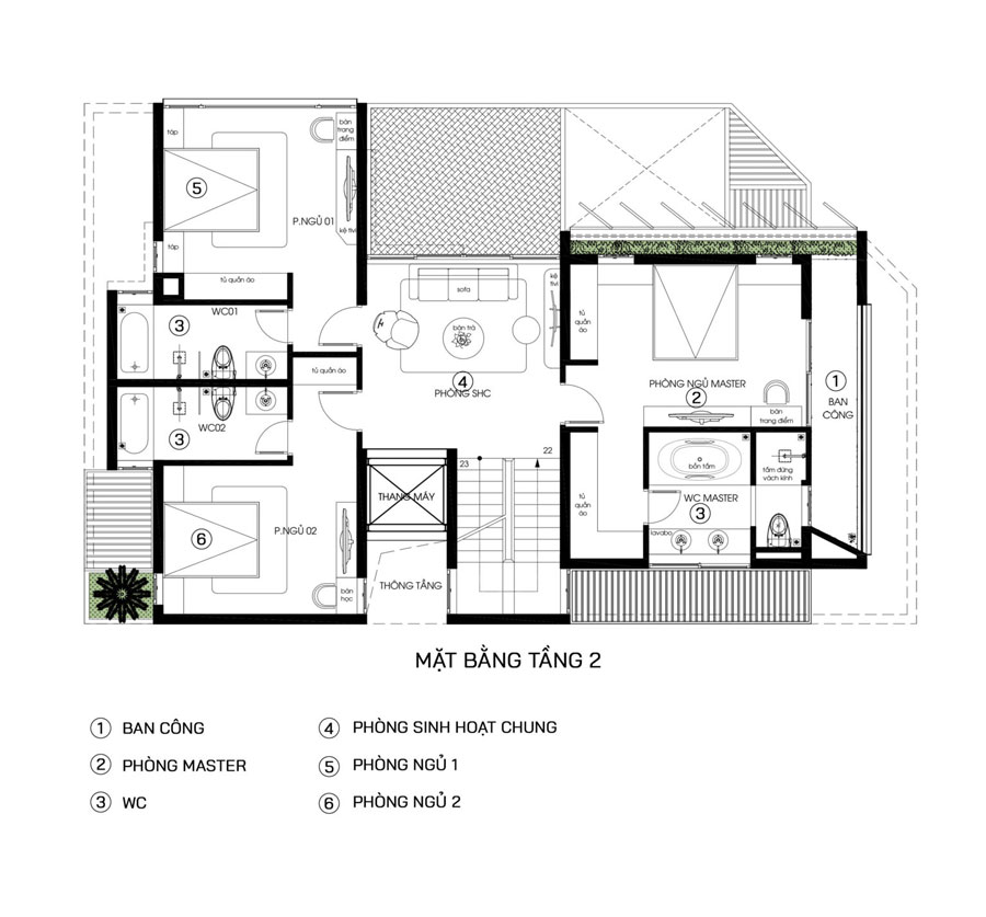 Mặt bằng công năng lầu 1 biệt thự 3 tầng chữ L