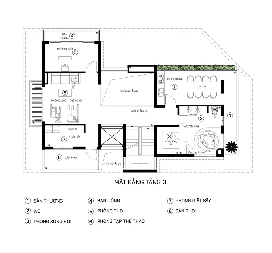 Mặt bằng công năng lầu 2 biệt thự 3 tầng chữ L