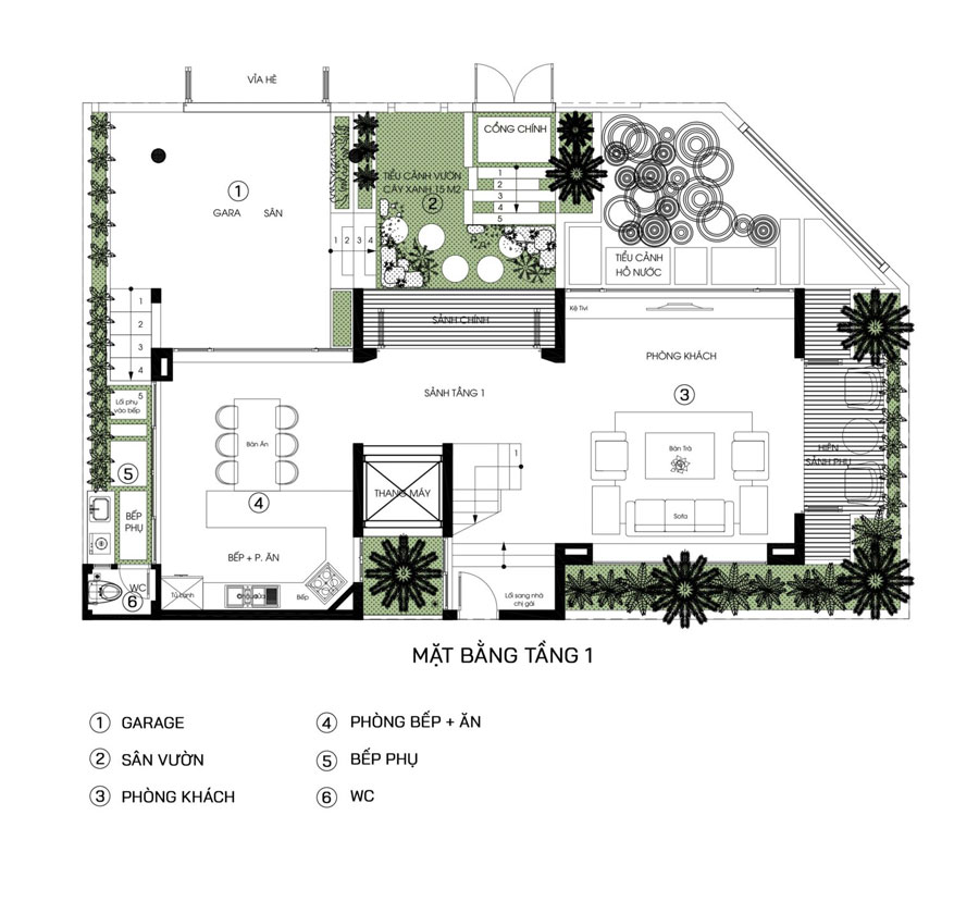 Mặt bằng công năng tầng trệt biệt thự 3 tầng chữ L