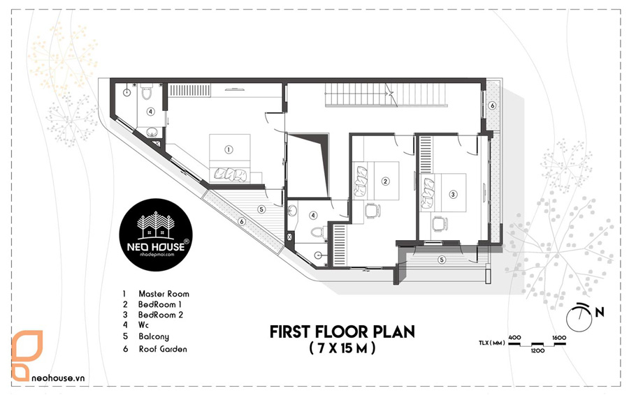 Mặt bằng lầu 1 biệt thự mái bằng 3 tầng có gara