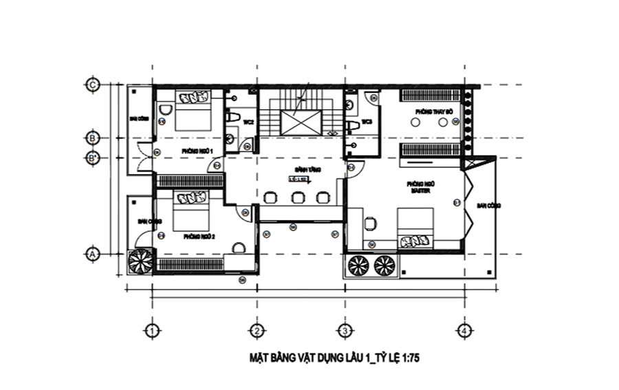 Mặt bằng lầu 1 biệt thự 3 tầng mái bằng mặt tiền 10m