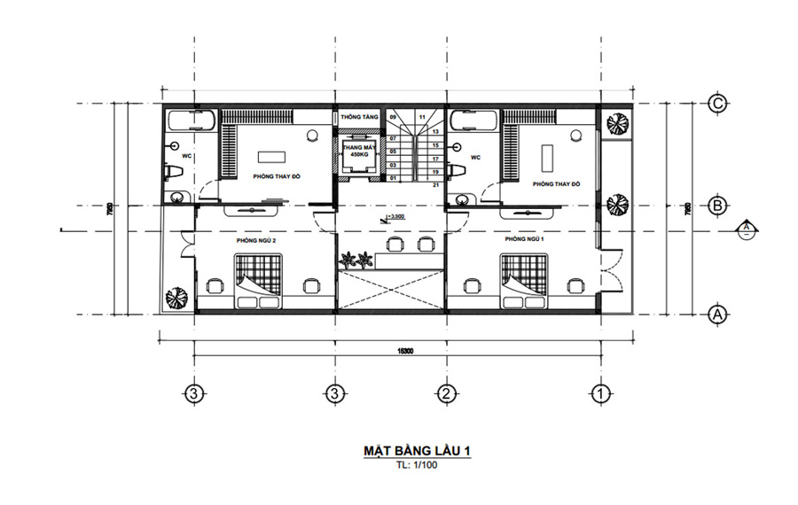 Mặt bằng lầu 1 biệt thự 3 tầng mái bằng mặt tiền 8m