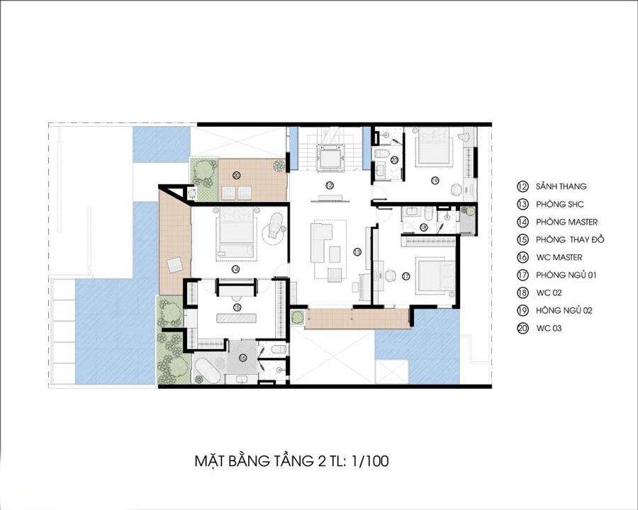 Mặt bằng lầu 1 biệt thự 3 tầng mái bằng phong cách Tropical