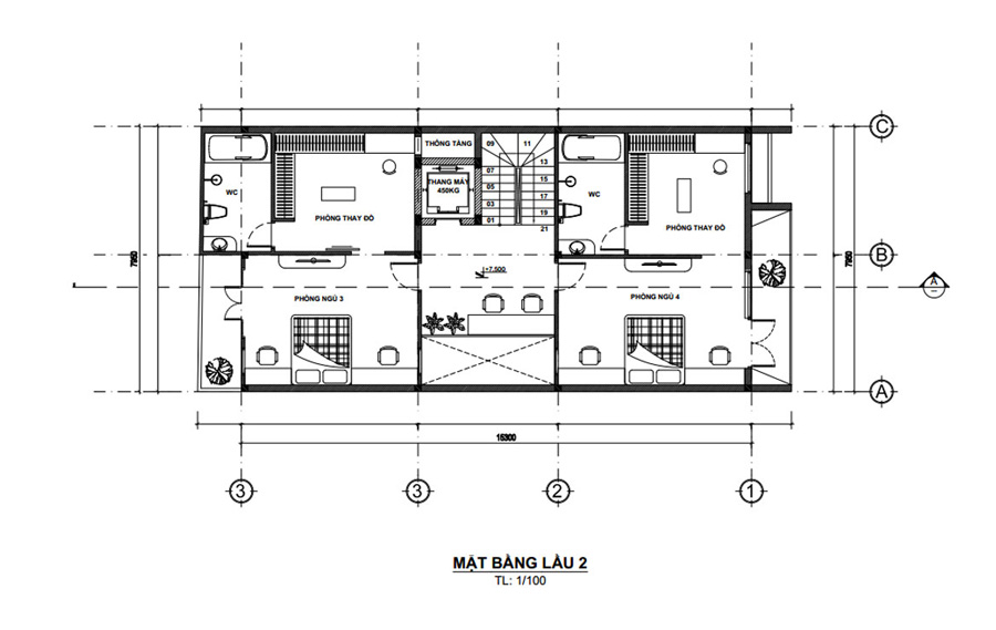 Mặt bằng lầu 2 biệt thự 3 tầng mái bằng mặt tiền 8m