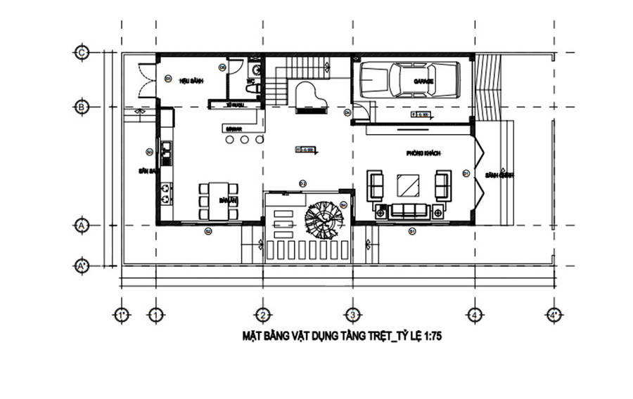 Mặt bằng tầng trệt biệt thự 3 tầng mái bằng mặt tiền 10m