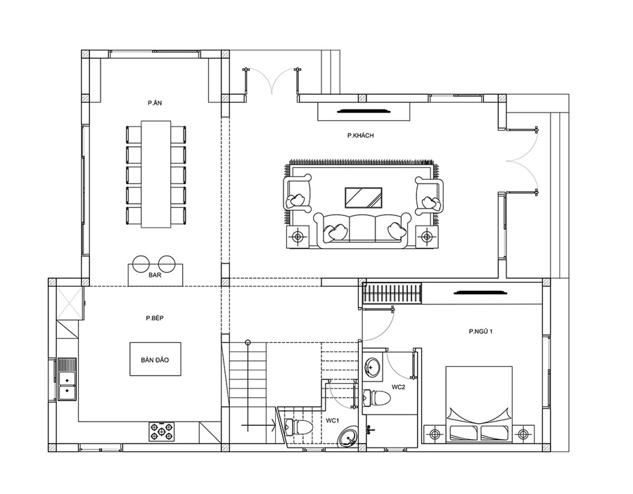 Mặt bằng tầng trệt biệt thự 3 tầng mái bằng mặt tiền 15m
