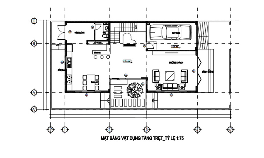 Mặt bằng tầng trệt biệt thự 3 tầng mái bằng mặt tiền 8m