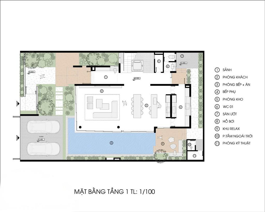 Mặt bằng tầng trệt biệt thự 3 tầng mái bằng phong cách Tropical