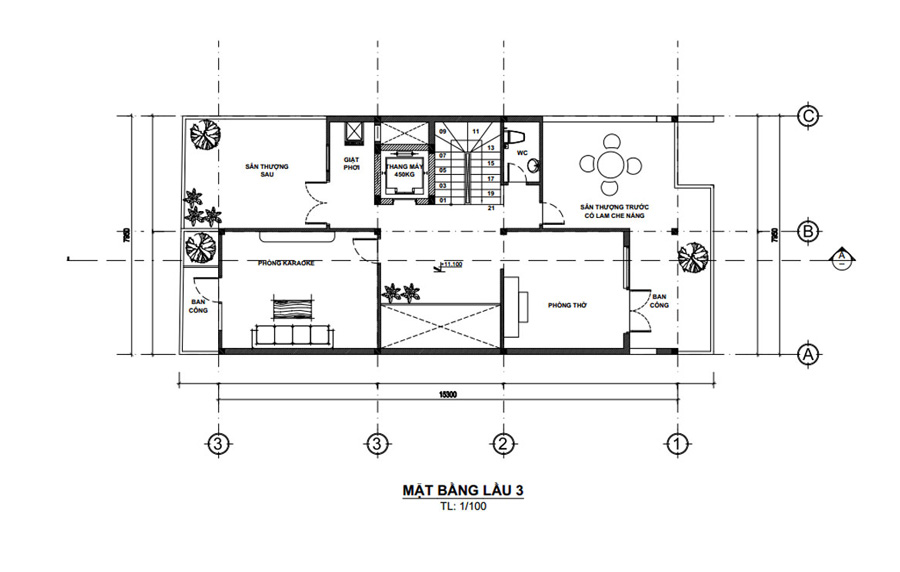 Mặt bằng tầng tum biệt thự 3 tầng mái bằng mặt tiền 8m