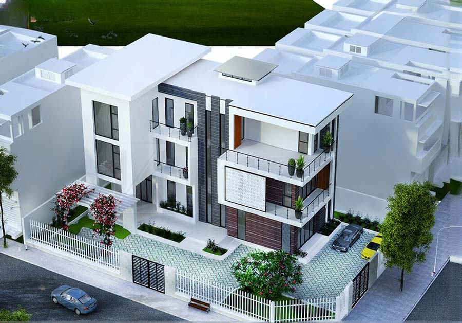 Mẫu nhà chữ L 3 tầng 2 mặt tiền