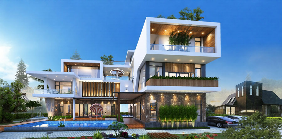 Thiết kế nhà chữ L 3 tầng đẹp 200m2