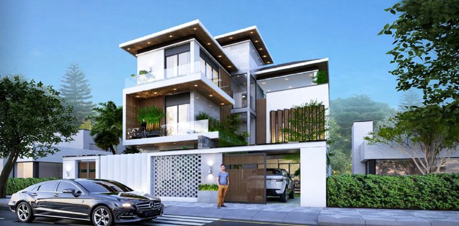Thiết kế nhà chữ L 3 tầng đẹp 200m2