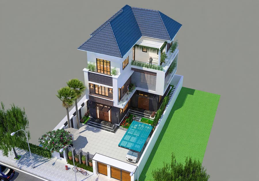 Mẫu nhà biệt thự chữ L 3 tầng 4 phòng ngủ