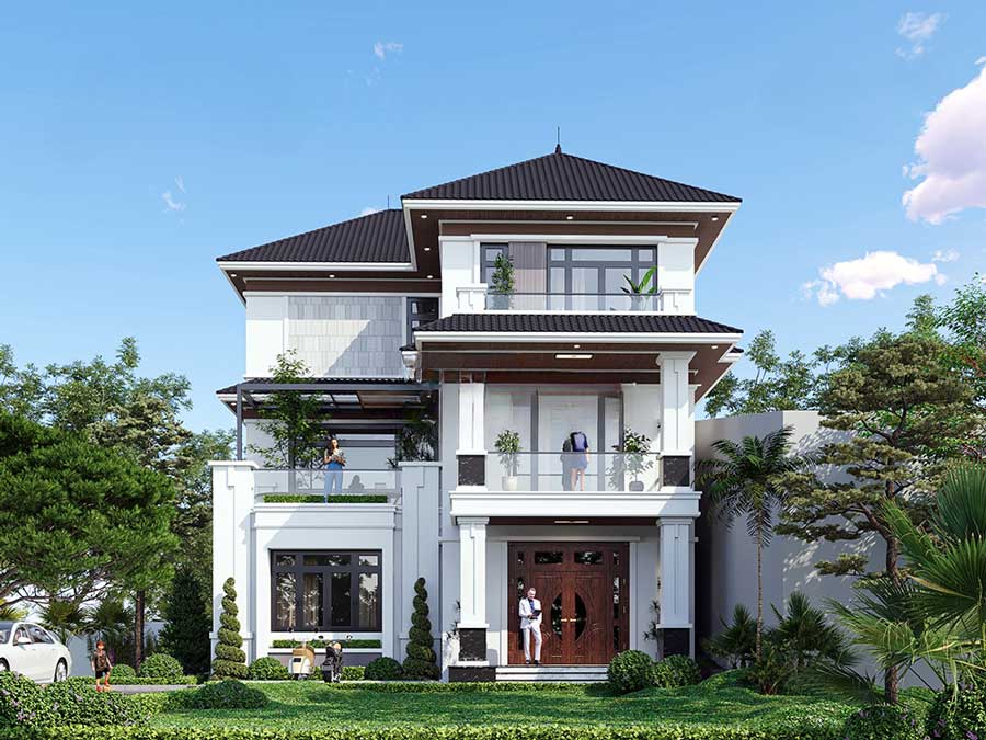 Thiết kế nhà chữ L 3 tầng 5 phòng ngủ