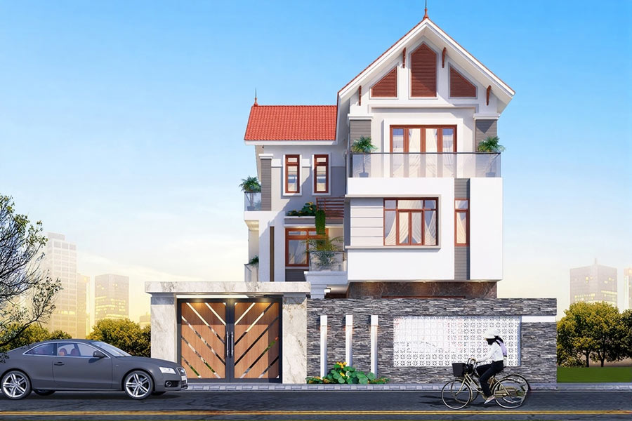 Thiết kế nhà chữ L 3 tầng 5 phòng ngủ